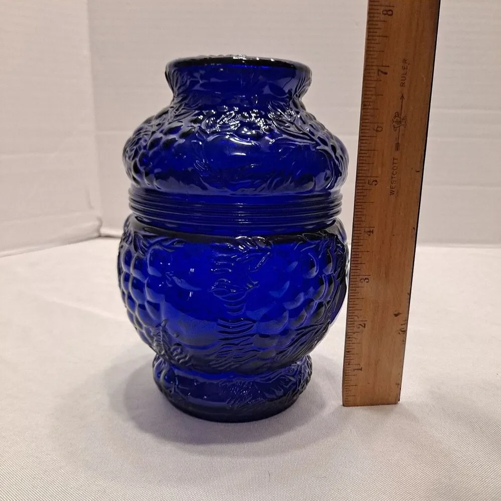 Antique Cobalt Blue Candy Canister Jar Fruit Motif 7
